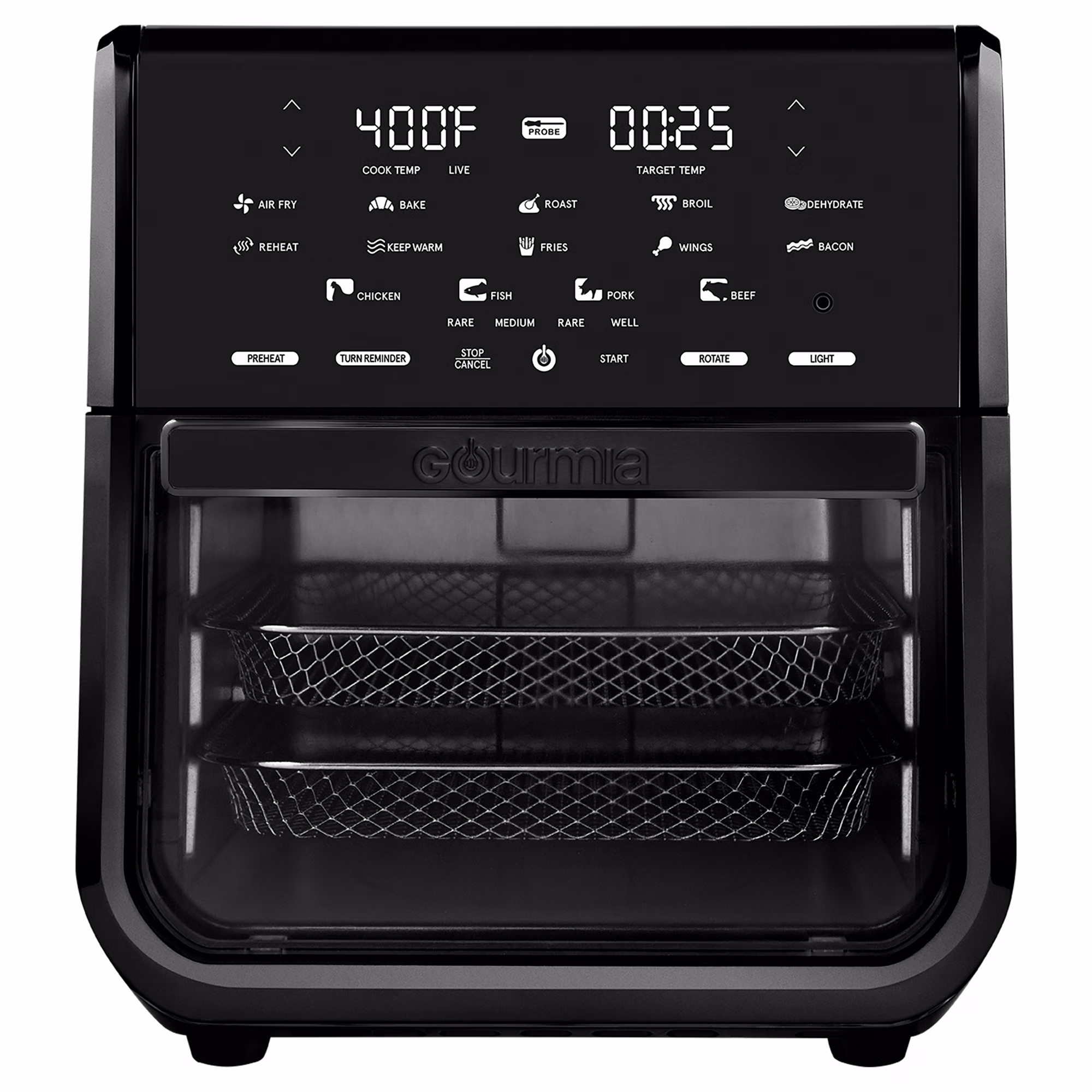 Gourmia All-in-One 14-Quart Air Fryer, Oven, Rotisserie, Dehydrator with Temperature Probe, Black
