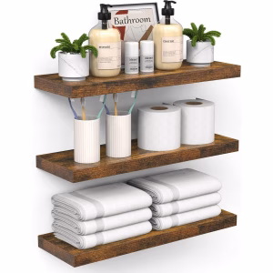 BAYKA Floating Shelves for Wall – Bathroom Shelves Rustic Wood with Metal Brackets for Bathroom