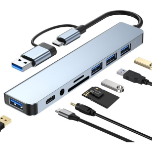Duomigo 8 in 1 USB C Hub Splitter, 4 USB Ports, 1 USB-C Jack, TF/SD Card Reader